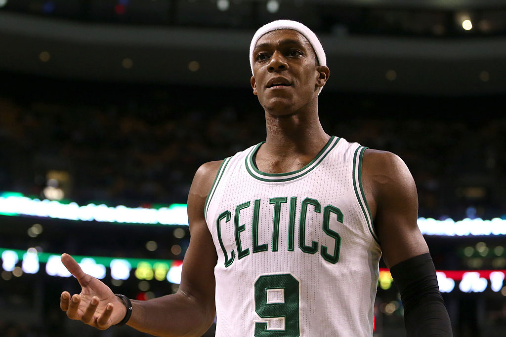 Rajon Rondo of the Boston Celtics reacts after a play.