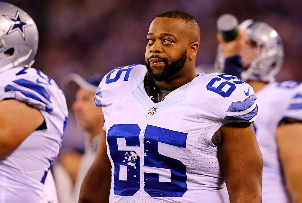 Ronald Leary of the Dallas Cowboys reacts in the second quarter against the New York Giants