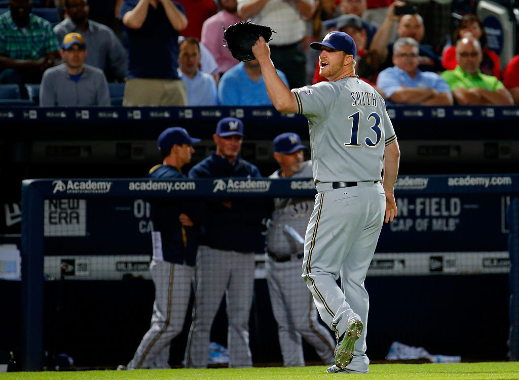Will Smith of the Milwaukee Brewers reacts as he walks off the field after being ejected.