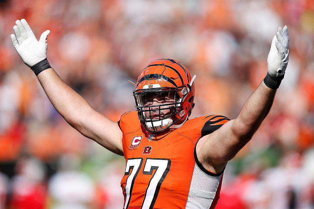 Andrew Whitworth of the Cincinnati Bengals attempts to excite the crowd