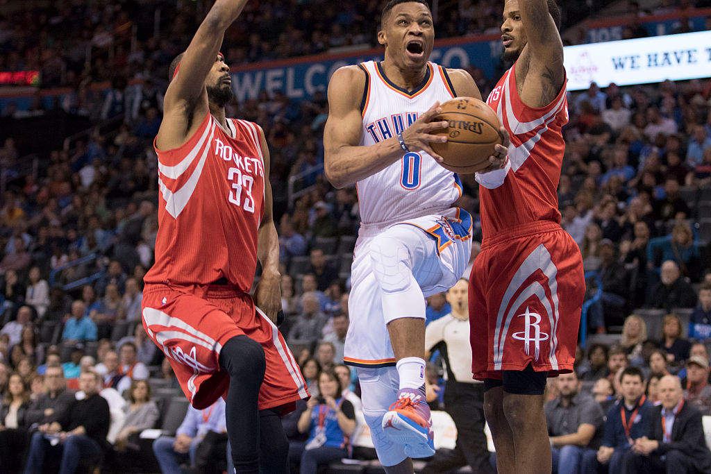 Russell Westbrook of the Oklahoma City Thunder goes to the basket.
