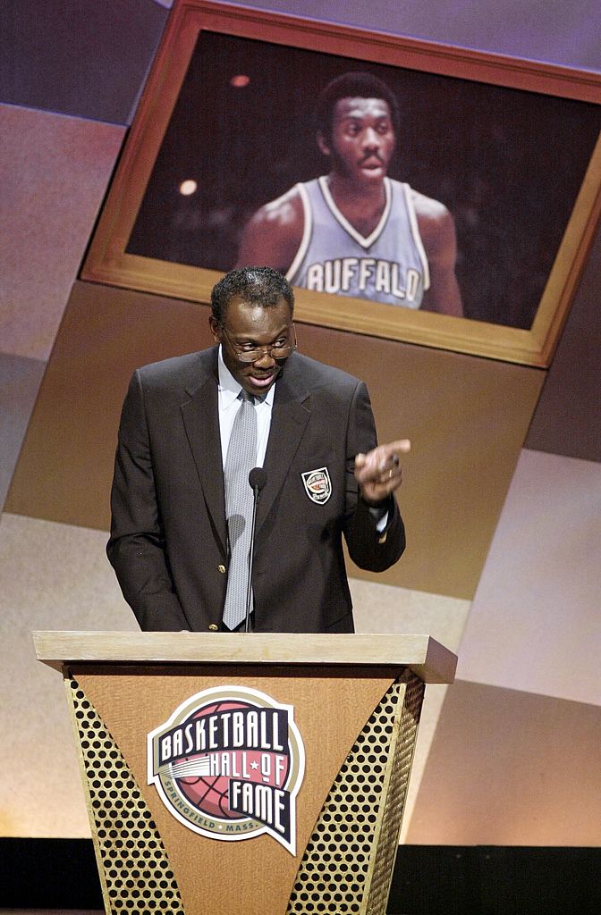 NBA basketball star Bob McAdoo speaks after being inducted into the Basketball Hall of Fame.