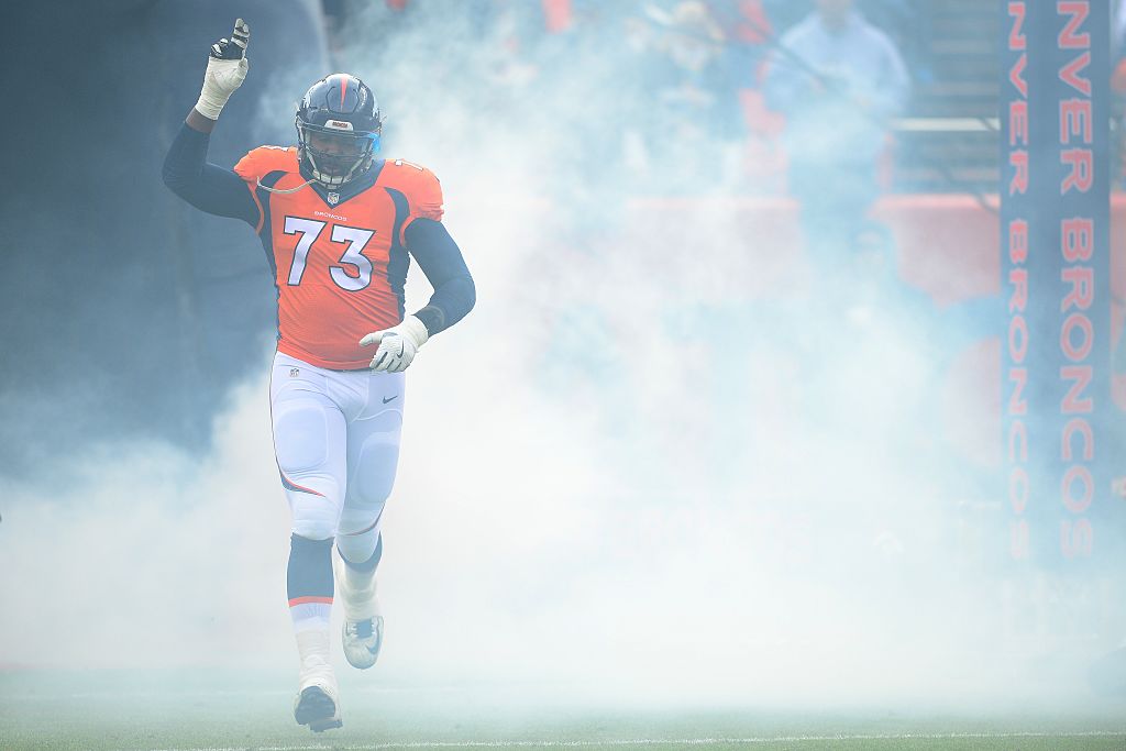 Offensive tackle Russell Okung of the Denver Broncos is introduced in their game against the Oakland Raiders. 