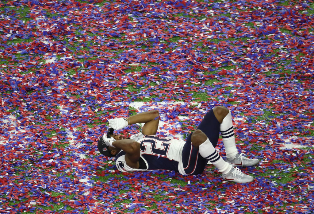Logan Ryan of the New England Patriots celebrates after defeating the Atlanta Falcons during Super Bowl 51