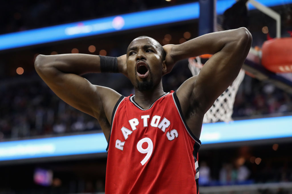 Serge Ibaka of the Toronto Raptors reacts to being called for a foul.