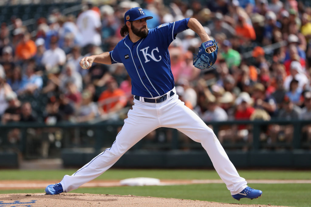 Starting pitcher Jason Hammel of the Kansas City Royals throws a pitch against the San Francisco Giants.
