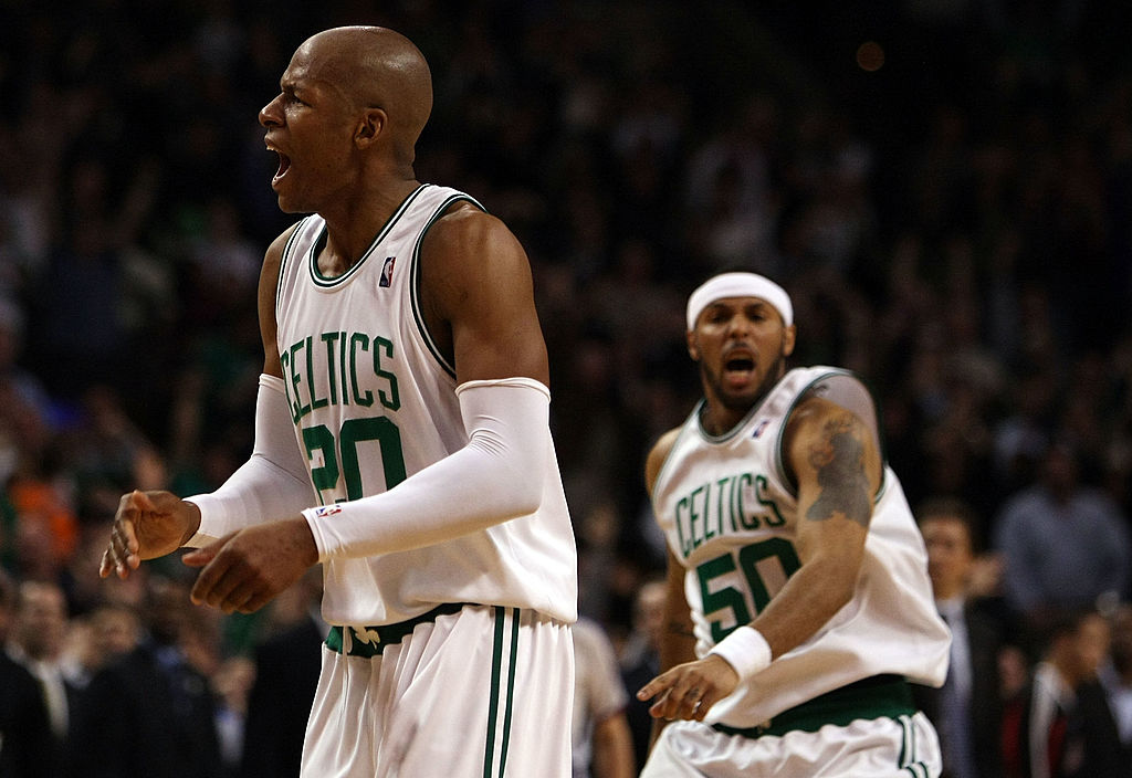 Ray Allen and Eddie House of the Boston Celtics celebrate the win over the Chicago Bulls in the 2009 Eastern Conference Quarterfinals.