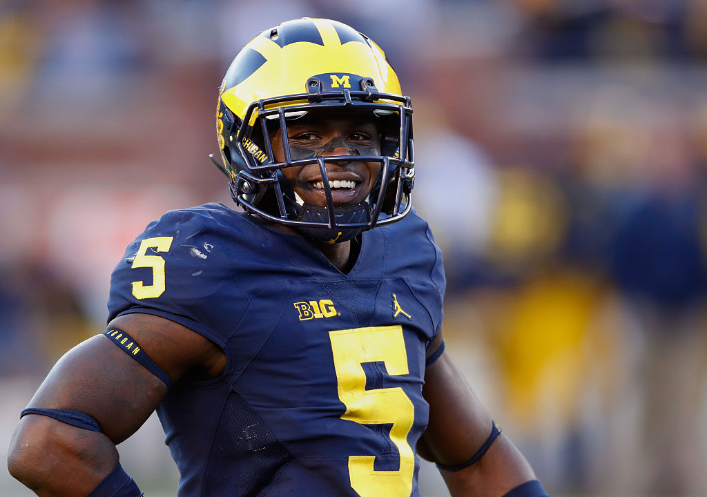 Jabrill Peppers of the Michigan Wolverines looks on while playing the Illinois Fighting Illini.