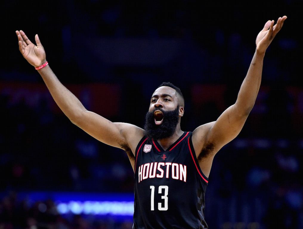 James Harden celebrates knocking down a triple.