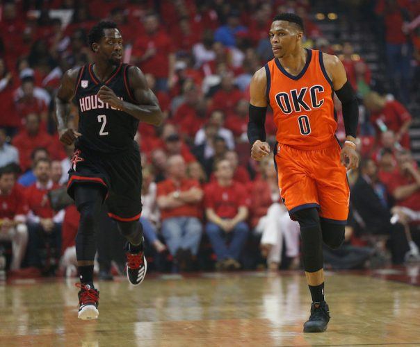 Russell Westbrook runs up the floor.