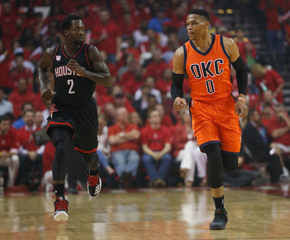 Russell Westbrook runs up the floor.