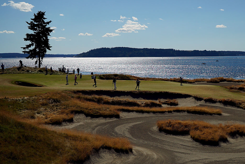 A general view of the 15th hole during the second round of 115th U.S. Open Championship at Chambers Bay