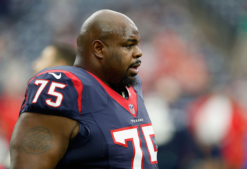 A sweaty Vince Wilfork of the Houston Texans looks on during a game. 