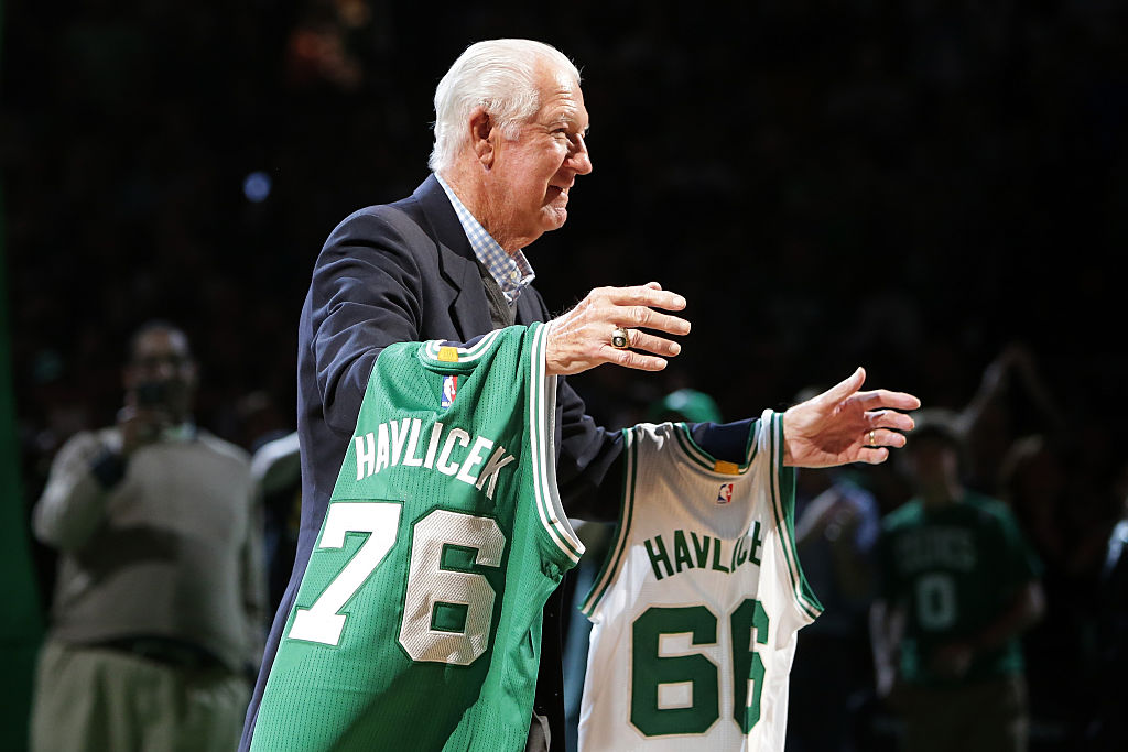 The Celtics celebrate John Havlicek during a halftime ceremony.