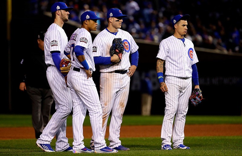 Chicago Cub infielders wait during Game 4 of the 2016 World Series.