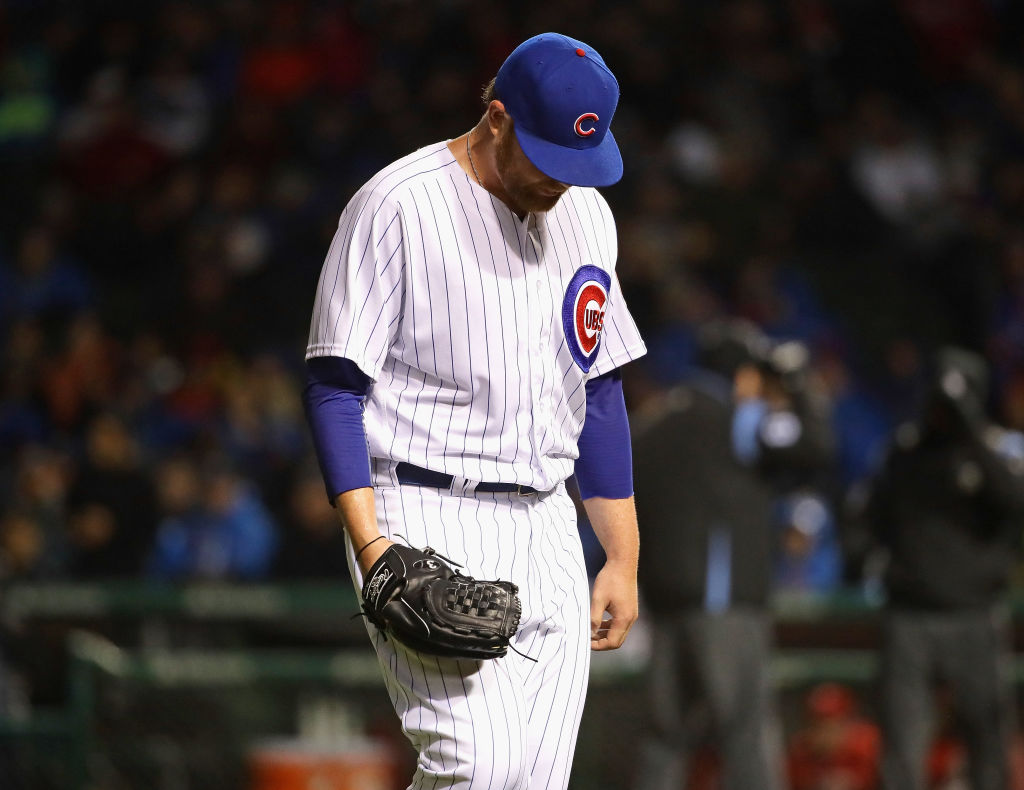 Brett Anderson of the Chicago Cubs looks dejected.