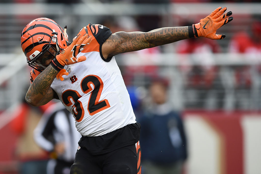 Jeremy Hill of the Cincinnati Bengals celebrates after a touchdown.