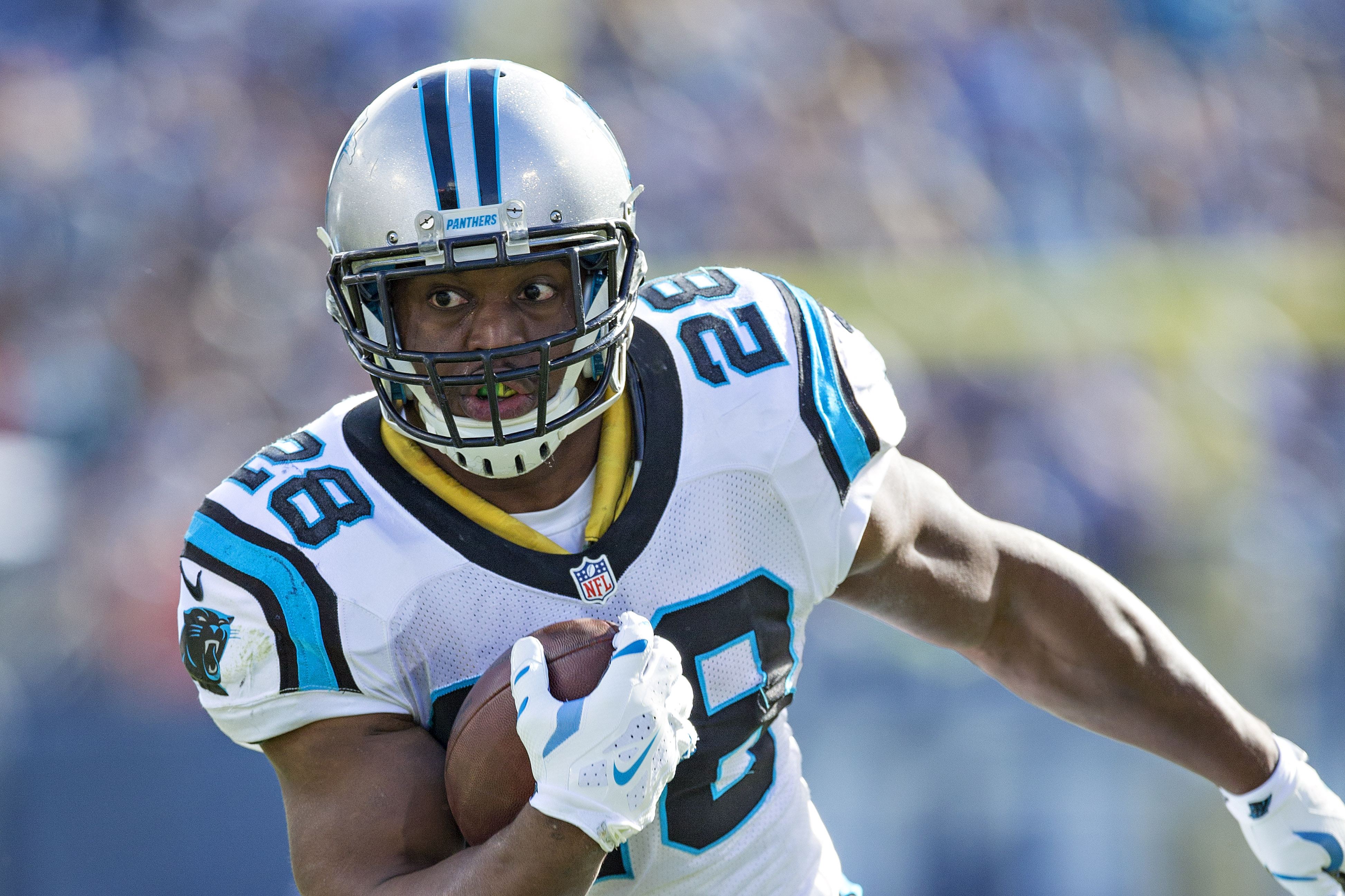 NASHVILLE, TN - NOVEMBER 15: Jonathan Stewart #28 of the Carolina Panthers runs the ball during a game against the Tennessee Titans at Nissan Stadium on November 15, 2015 in Nashville, Tennessee. (Photo by Wesley Hitt/Getty Images)