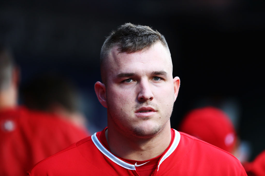 Mike Trout of the Los Angeles Angels looks on during a game. 