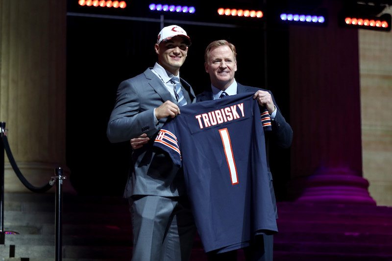 Mitchell Trubisky poses for a photo with Roger Goodell during the NFL Draft.