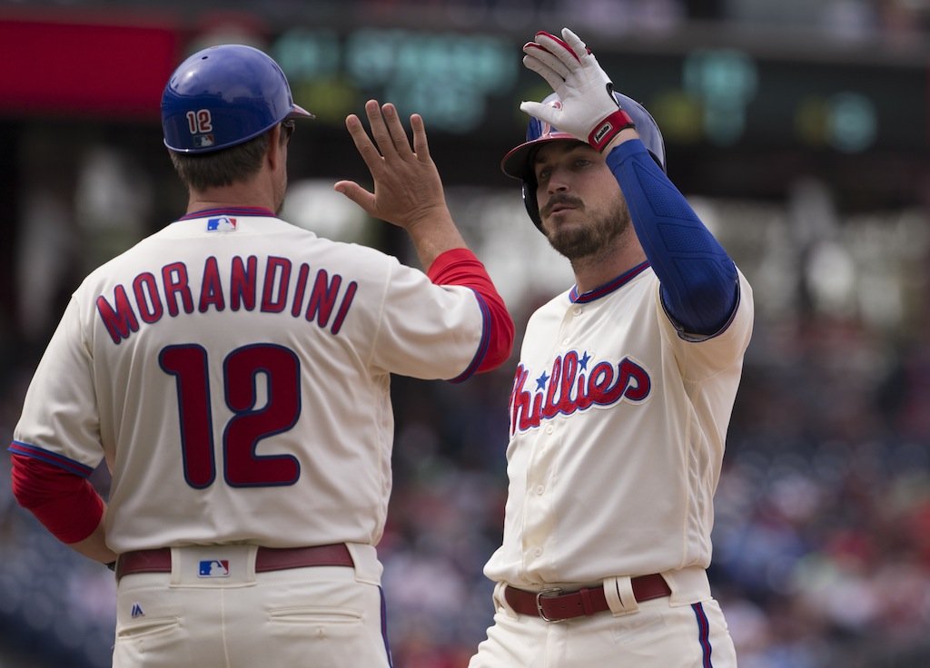 Philadelphia teammates high five.