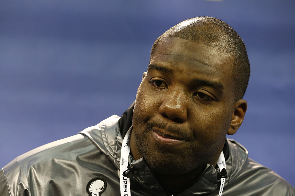 Tackle Russell Okung of the Seattle Seahawks speaks to the media during Super Bowl XLVIII Media Day.