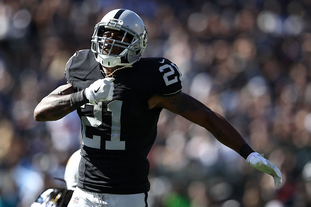 Sean Smith of the Oakland Raiders reacts after breaking up a pass.