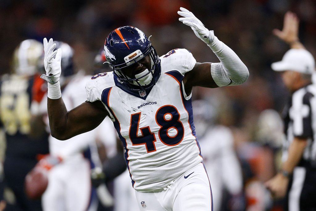 Shaquil Barrett celebrates a Denver Broncos' win over the New Orleans Saints.