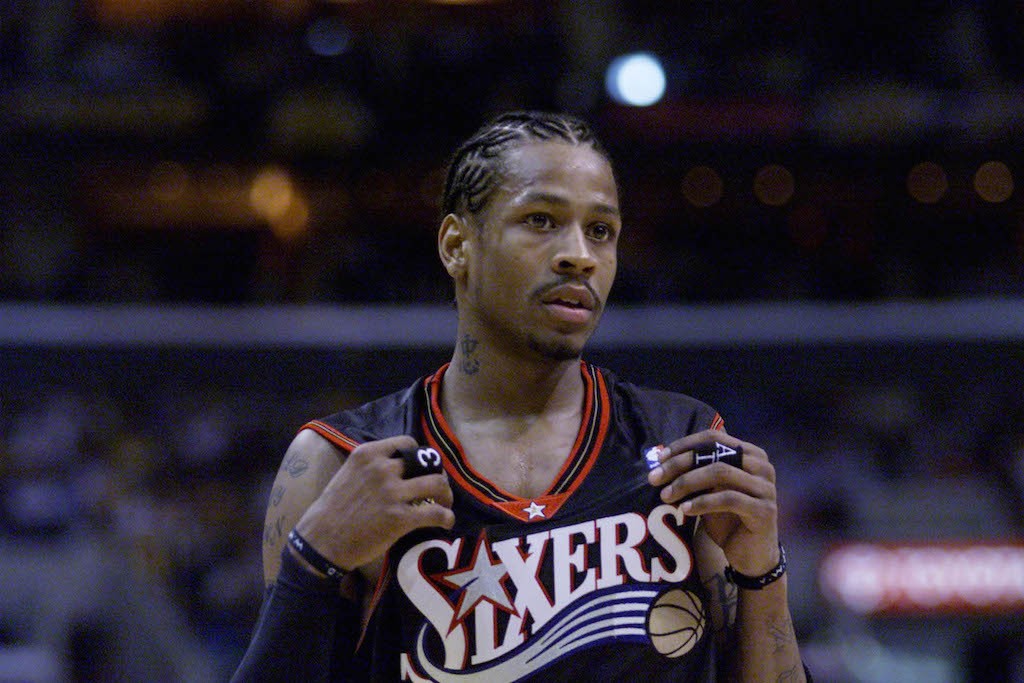 Allen Iverson looks on during Game 1 of the 2001 NBA Finals.