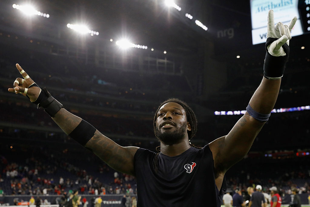 Jadeveon Clowney of the Houston Texans celebrates after the game.