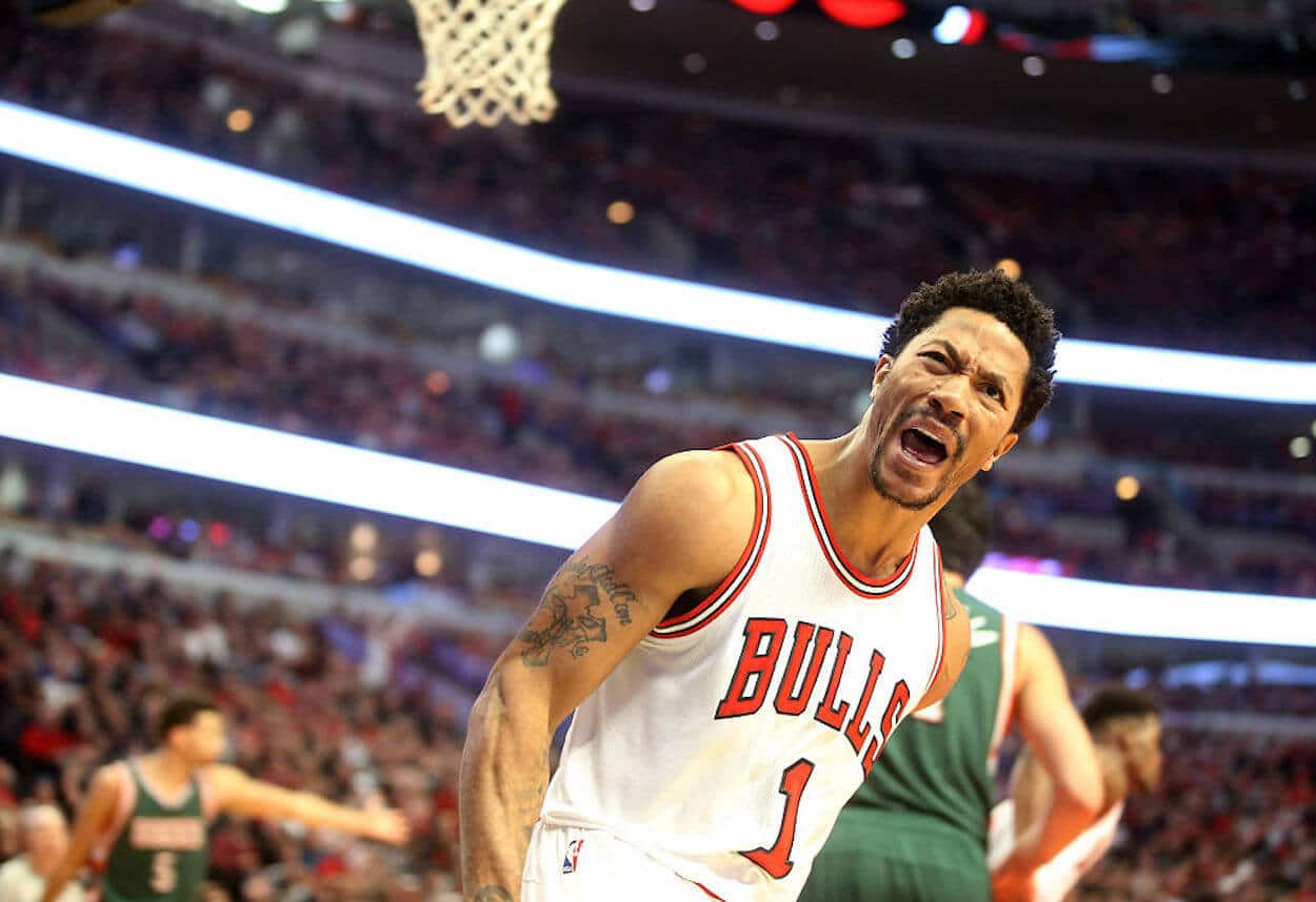 Derrick Rose celebrates after scoring a basket.