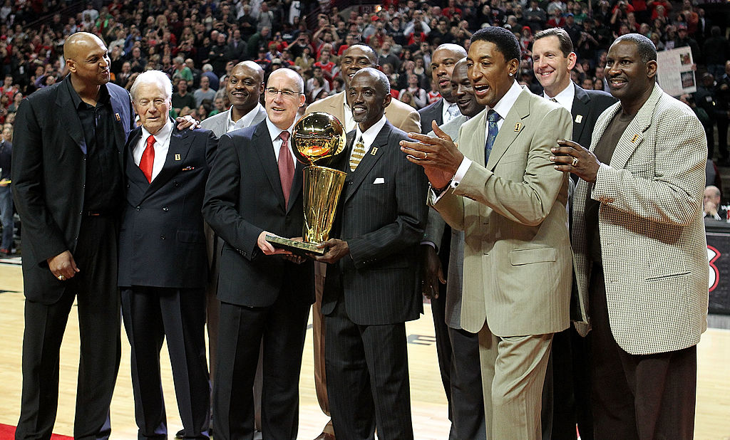 The 1992 Bulls are all dressed up for their Finals celebration.