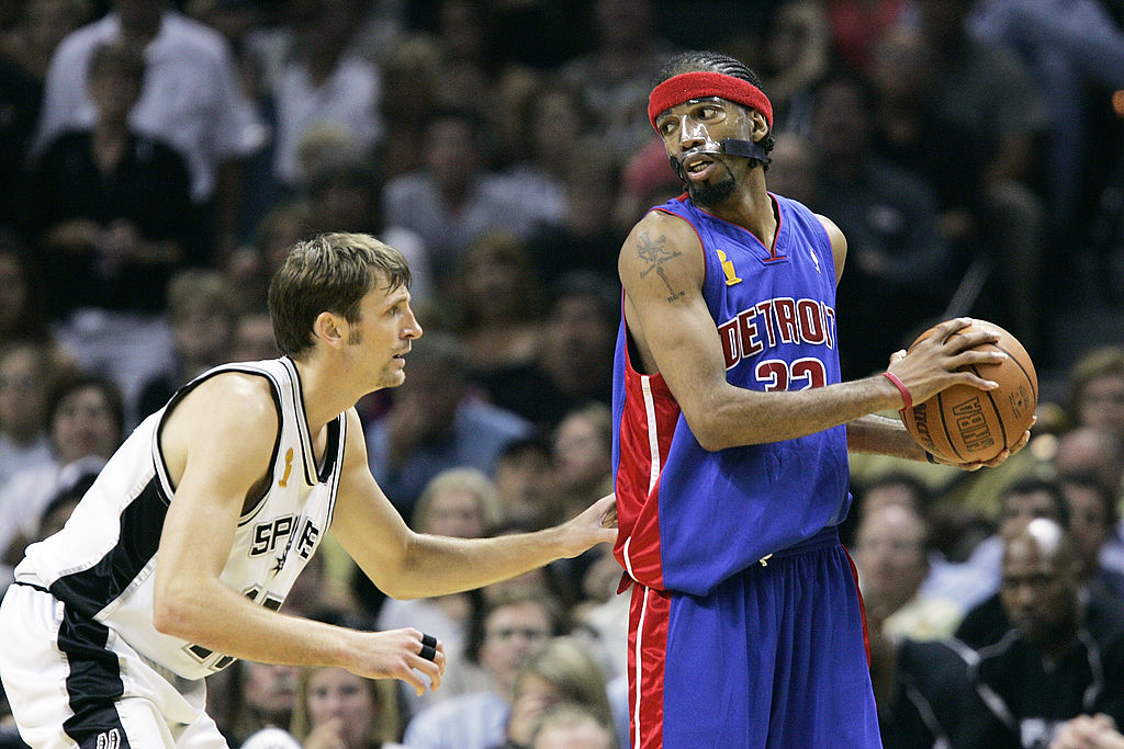 The Pistons and Spurs battle in the 2005 NBA Finals.
