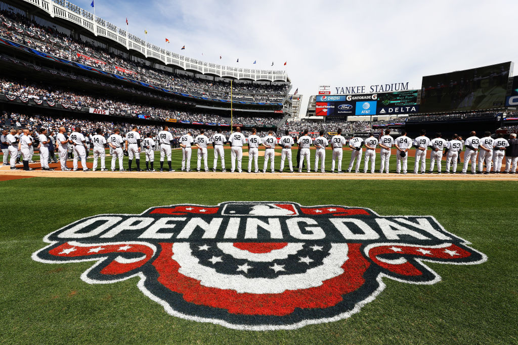Shot of players lining up during the New York Yankees home Opening game at Yankee Stadium on April 10, 2017 in New York City.