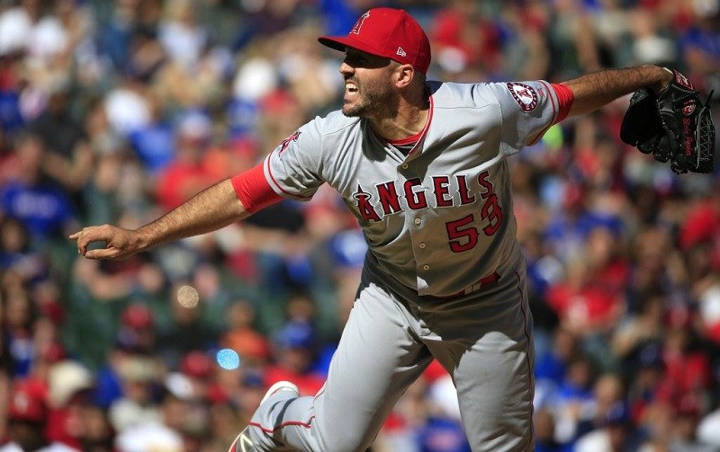 Blake Parker of the Los Angeles Angels of Anaheim delivers against the Texas Rangers.