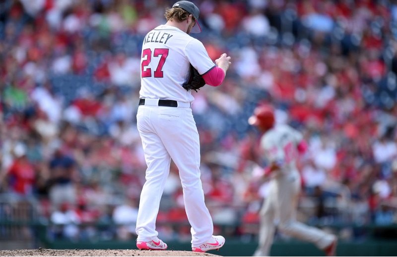Shawn Kelley walks across the mound in Washington.