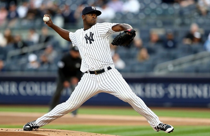 Luis Severino pitches before a sparse crowd on April 24, 2017.