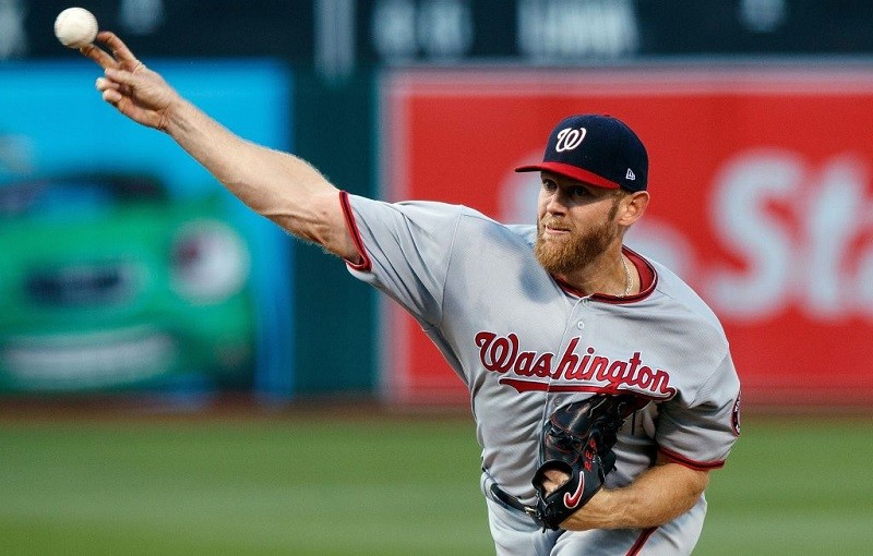 Stephen Strasburg of the Washington Nationals pitches against the Oakland Athletics on June 2, 2017.