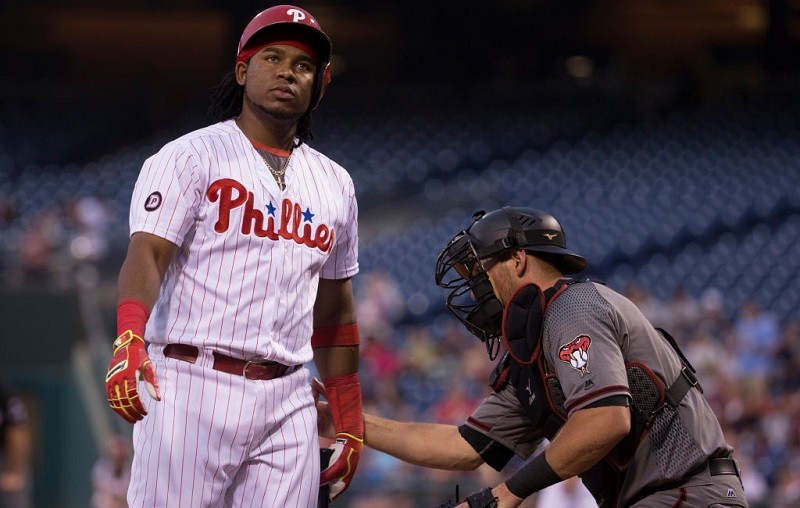 Maikel Franco of the Philadelphia Phillies looks on after striking out.