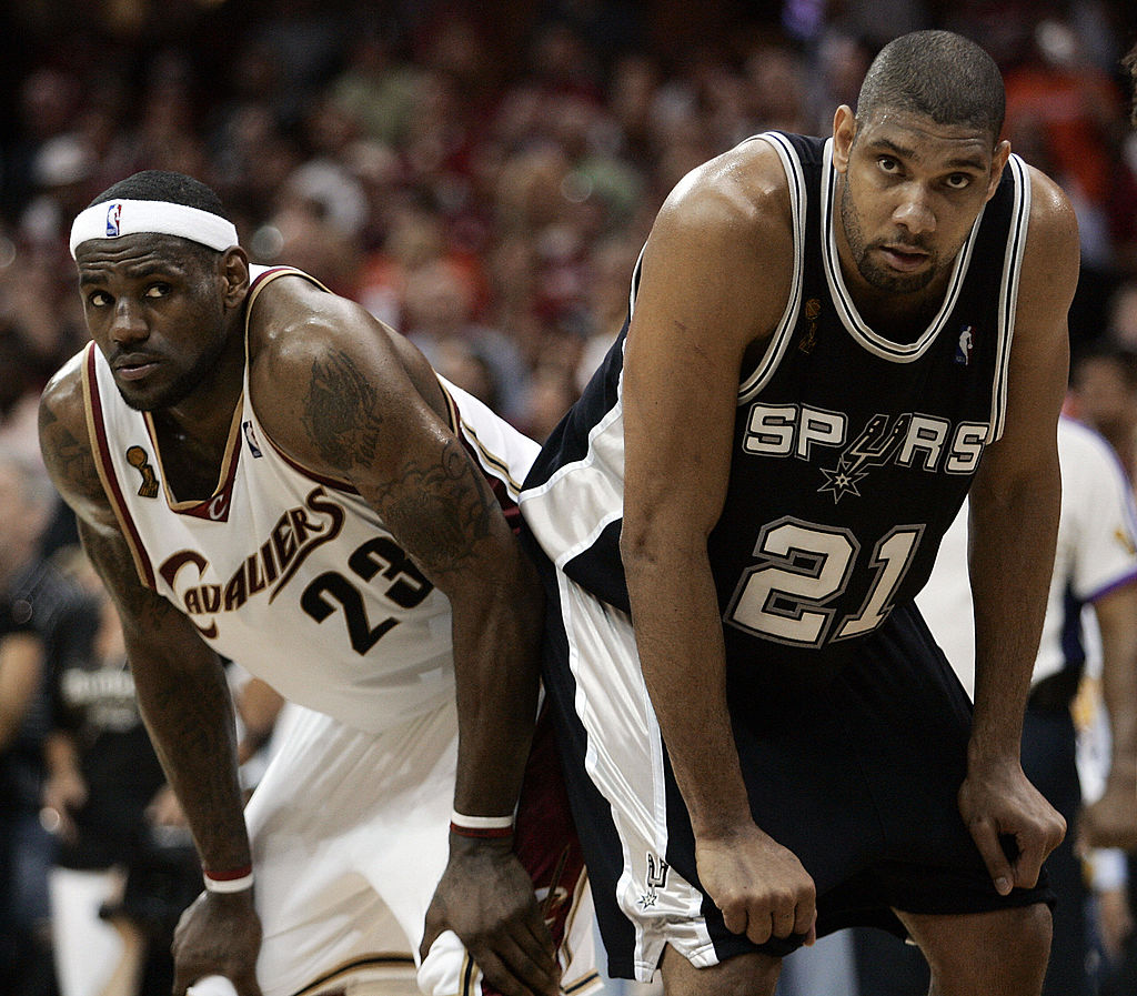 Tim Duncan faces off against LeBron James in the 2007 NBA Finals. 
