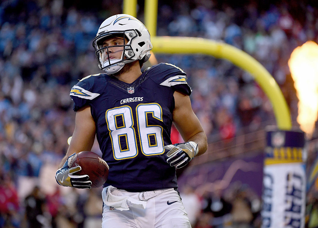 Hunter Henry of the San Diego Chargers goes into the end zone.