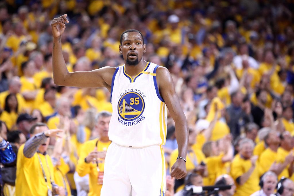 Kevin Durant reacts to a bucket in the Finals.