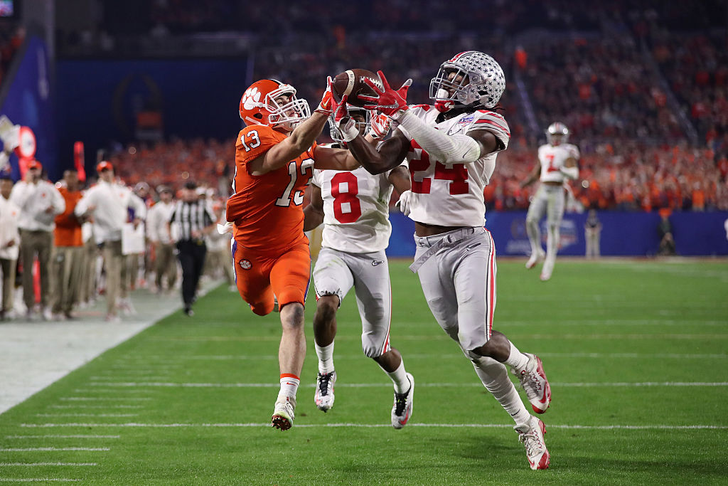 Malik Hooker of the Ohio State Buckeyes intercepts a pass.