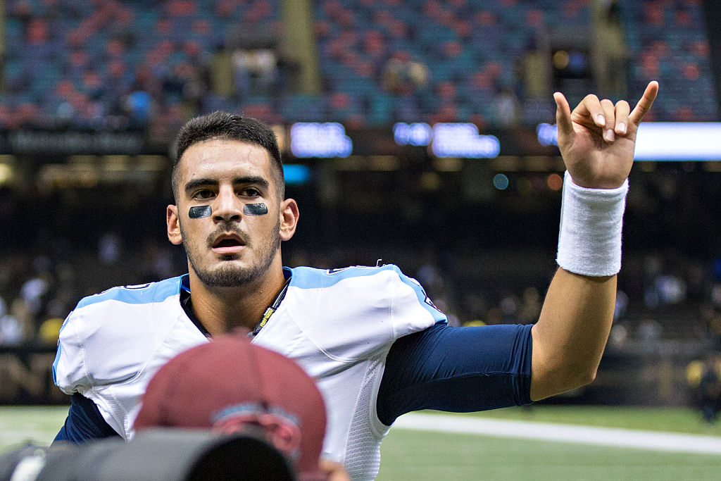 Marcus Mariota of the Tennessee Titans signals to the crowd. 
