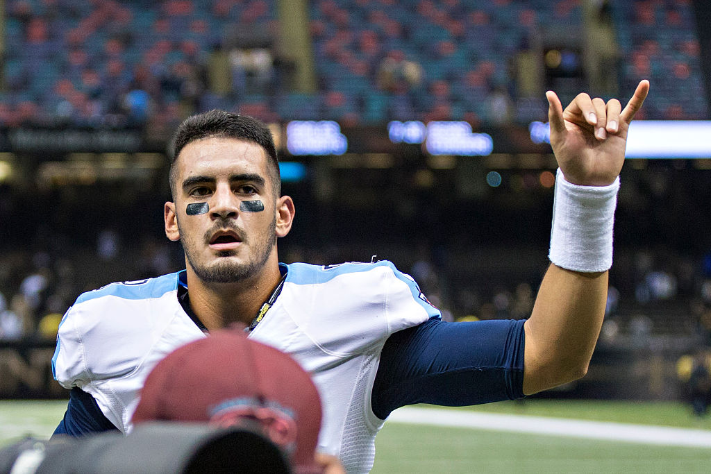 Marcus Mariota of the Tennessee Titans signals to the crowd.