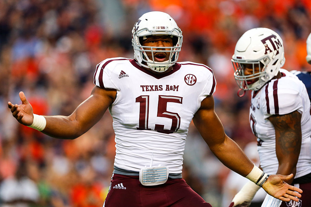 Defensive lineman Myles Garrett of the Texas disagrees with a call. 