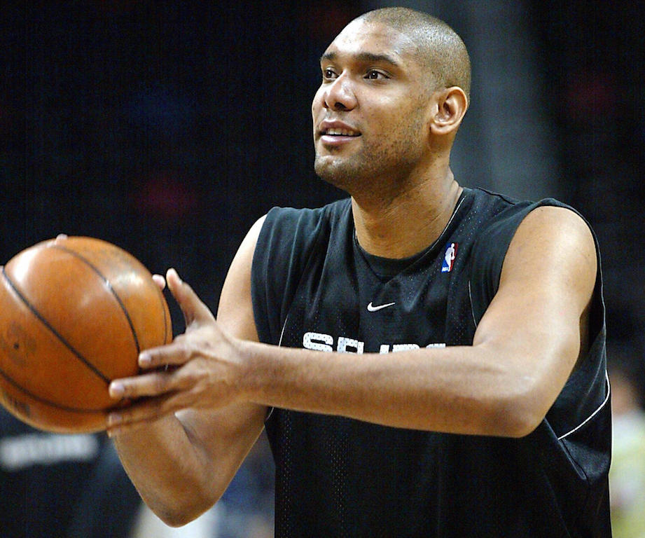 Tim Duncan of the San Antonio Spurs shoots around during team practice for the NBA Finals 05 June, 2003 at the SBC Center in San Antonio, Texas. The Spurs beat the New Jersey Nets 04 June 2003 in game one to lead the best-of seven game series 1-0. AFP PHOTO/James NIELSEN (Photo credit should read JAMES NIELSEN/AFP/Getty Images) Tim Duncan practices during the 2003 Finals.