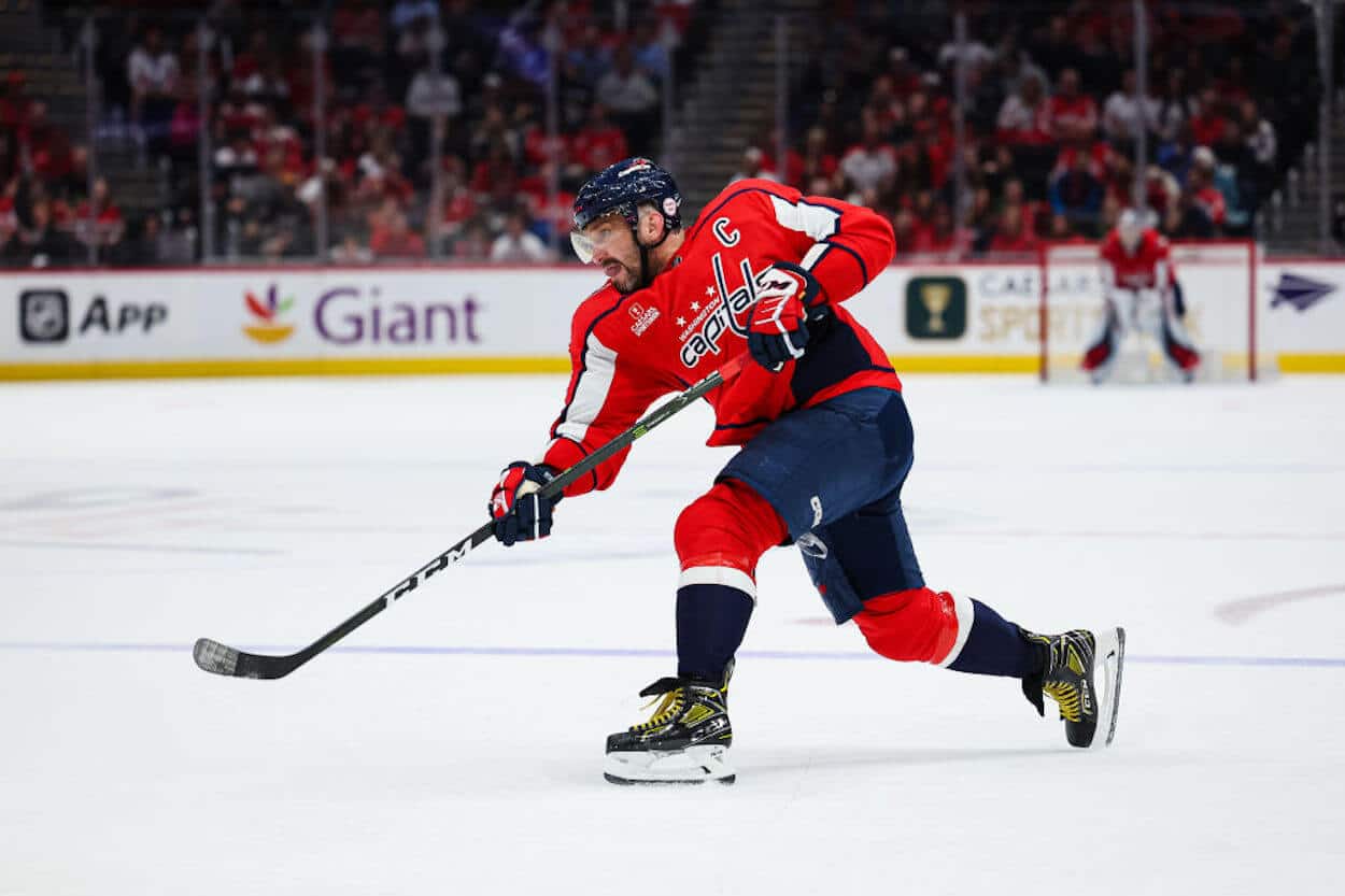 Alexander Ovechkin takes a shot during a Washington Capitals game.