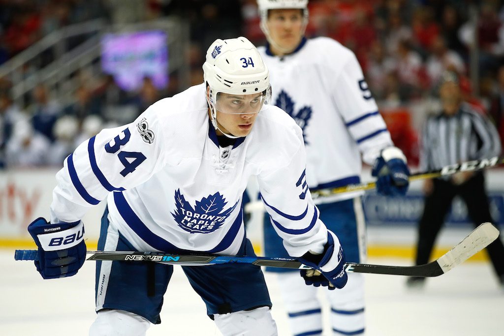 Auston Matthews prepares for a face off.