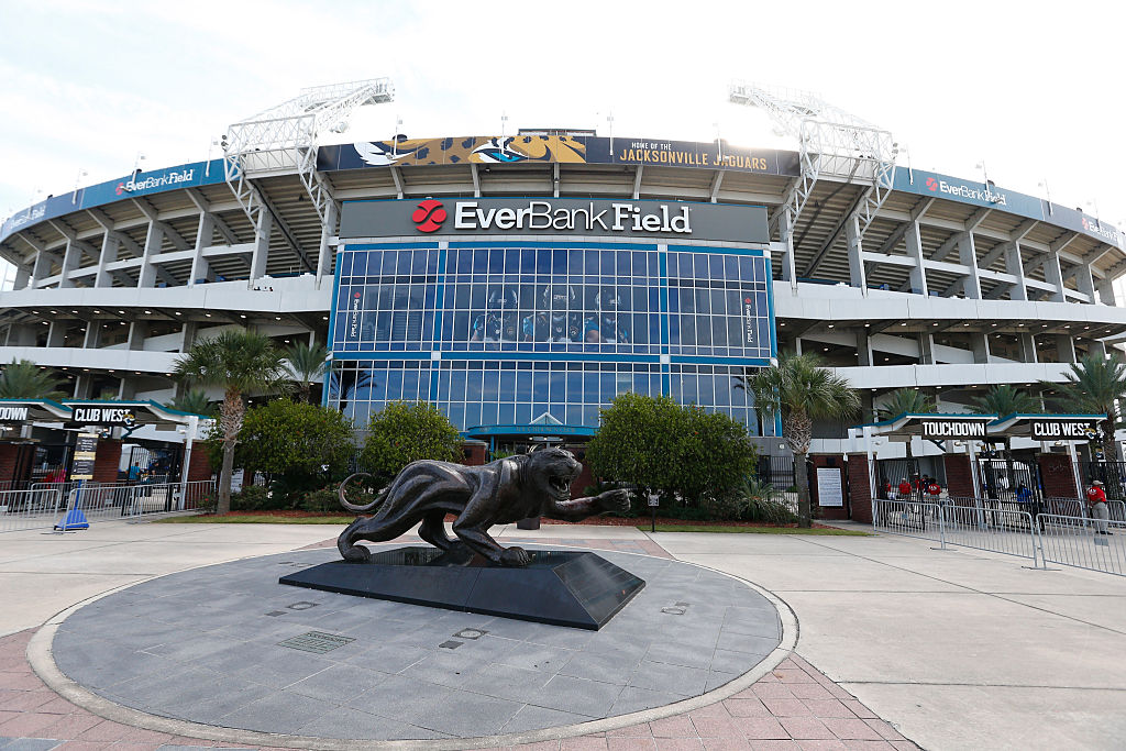 A jaguar statue flanks the front entrance of EverBank Field.
